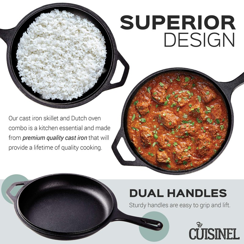 Cast Iron Skillet + Lid - 2-In-1 Multi Cooker -