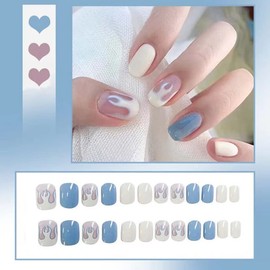 Kithue 24 Pcs Squoval Blue and White Flame Short Press On Nails Fake Nails False Nails With Graffiti Designs For Women And Girls