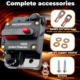 200 amp Circuit Breaker, Manual Reset Inline Fuse Waterproof Circuit Breaker for Car Marine Trolling Motors Solar System, 12V-48VDC with Wire Lugs Copper Washer