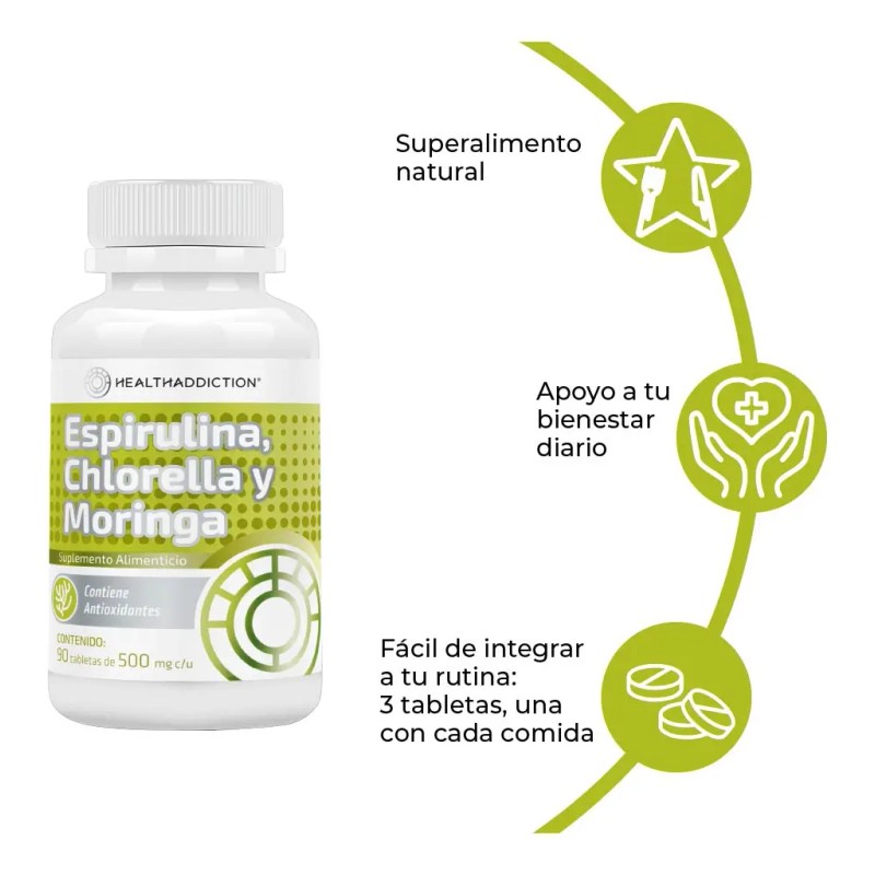 Healthaddiction Complejo Espirulina Moringa Chlorella Suplemento Alimenticio Antioxidantes Naturales Vitaminas