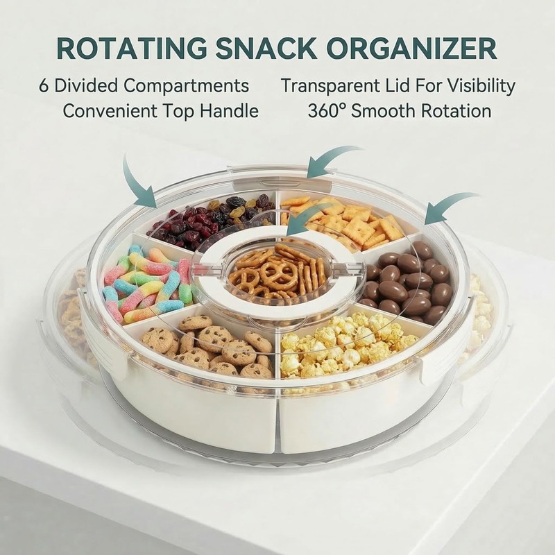 1-Pack Divided Serving Tray with Lid and Handle, 6-Compartment Snackle