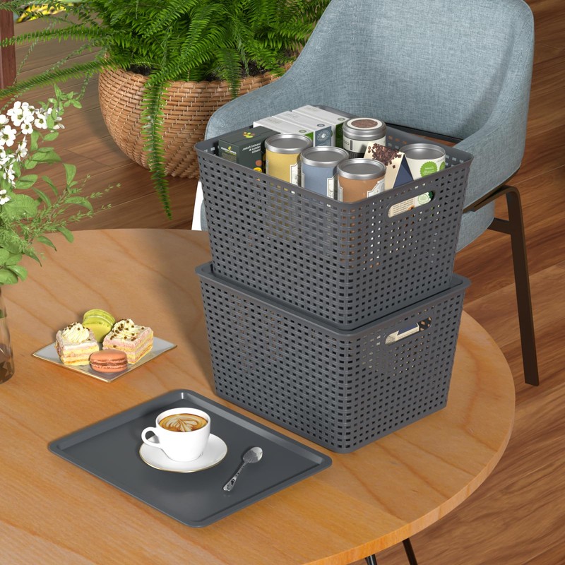 Taysisiter 20 Quart Tall Plastic Weave Storage Basket Bin with