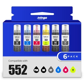 Jetingo High Page Yield 552 Ink Refill Bottles Replacement for 552 T552 Ink Refill Bottle Use for ET-8550, ET-8500（BK PBK C M Y GY）