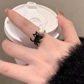 IRCOMULTI Cute Black Cat Ring Adjustable Enamel Cat Open Ring Lovely Kitten Animal Cuff Rings Cartoon Cats Rings Jewelry for Women(White Ball)