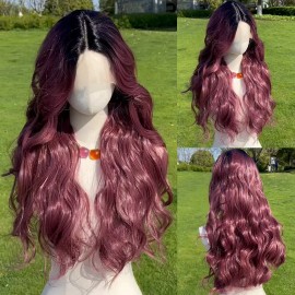 Smilco T Lace Front Wig Black Female Body Wave Deep Curl Synthetic Lace Front Wig Heat-resistant Fiber Role-playing Wig SM9036color: wine red gradient, Stretched Length: 28"