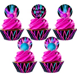 Bowling Cupcake Toppers and Cupcake Wrappers - 24 Cupcake Toppers and 24 Cupcake Wrappers - Bowling Party Supplies - Bowling Party Decorations - Glow Pink Cupcake