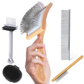 YOYUPETA 5-Piece Dog Grooming Kit, Large Long Pin Dog Slicker Brush Natural