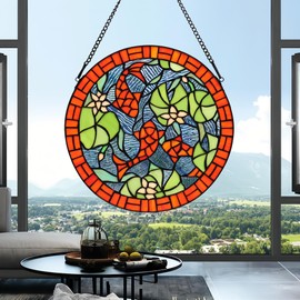bwkoiujes Carp Stained Glass Window Hanging 12" Diameter Tiffany Animal Style Red Koi Suncatcher Wall Decor Art Panel Include 20" Chain and Hooks The Perfect Housewarming Gift