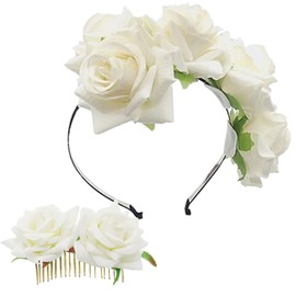 BOMJJOR Rose Headband and Floral Comb Flower Wreath Crown Hair Band Garland Hair Hoop Women Girls Hairband Party Headdress Cosplay Costume Headwear 2 Packs