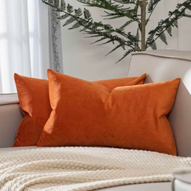 JUSPURBET Burnt Orange Velvet Lumbar Pillow Covers 12x20 inch Decorative Accent Cushion Cases with Hidden Zipper for Home Sofa Living Room Decor Soft Durable