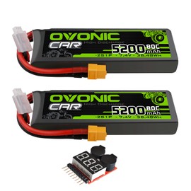 OVONIC Lipo Battery 2S 5200mAh Battery 7.4V 80C Battery with XT60 Plug Hard Case for 1/8 1/10 RC Vehicles Car Slash RC Buggy Truggy RC Airplane UAV Drone(2 Packs)(with Lipo Voltage Checker)