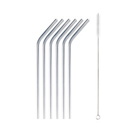 BambooMN Reusable Stainless Steel Metal Drinking Straws - 8" Bent Straws w/ 1x Cleaning Brush - 6 Pack