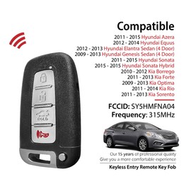 Keylessbest Key Fob Remote Replacement for 2013 2014 2015 Hyundai Azera Equus Kia Borrego 4 Buttons 315MHz SY5HMFNA04,Black