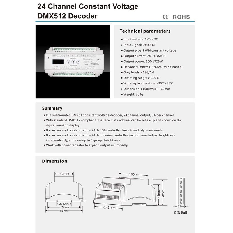 24 CH Constant Voltage DMX512 Decoder Din Rail Mounted 24