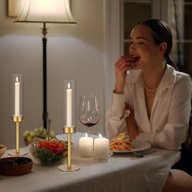 Gold Hurricane Candle Holders, Taper Glass Cover Candlestick, Tall Brass Candle Stick Decor for Table, Centerpiece, Wedding, Dinning, Party on Indoor and Outdoor, Set of 3