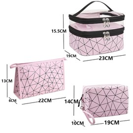 Mikytoper Makeup Bags 3 PCS, Double Layer Cosmetic Bag + 2 Make Up Bags with Diamond Pattern, Travel Toiletry Bags for Men and Women (Pink)