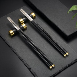 Hongyantech Black Fibreglass Stainless Steel Chopsticks, 2 Pairs with 2 Pieces Chopsticks Pads, Sushi Sticks, Chopsticks, Reusable Chopsticks, Washable for Dishwasher, with Gift Box