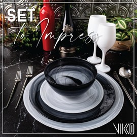 Vikko Soup Bowl, Set of 4 Black Alabaster Bowls, 6" Bowl with Marbelized, Swirl Design, Large 32 Ounce Capacity, Dishwasher Safe