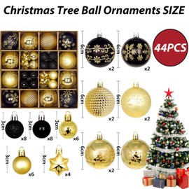 44pcs Christmas Tree Decorations Baubles,Black Gold Christmas Baubles Xmas Ball Ornaments 3cm 6cm Mini Baubles Hanging Ball Plastic Christmas Bulbs for Xmas Tree Decorations,Home Party,Wedding Decor