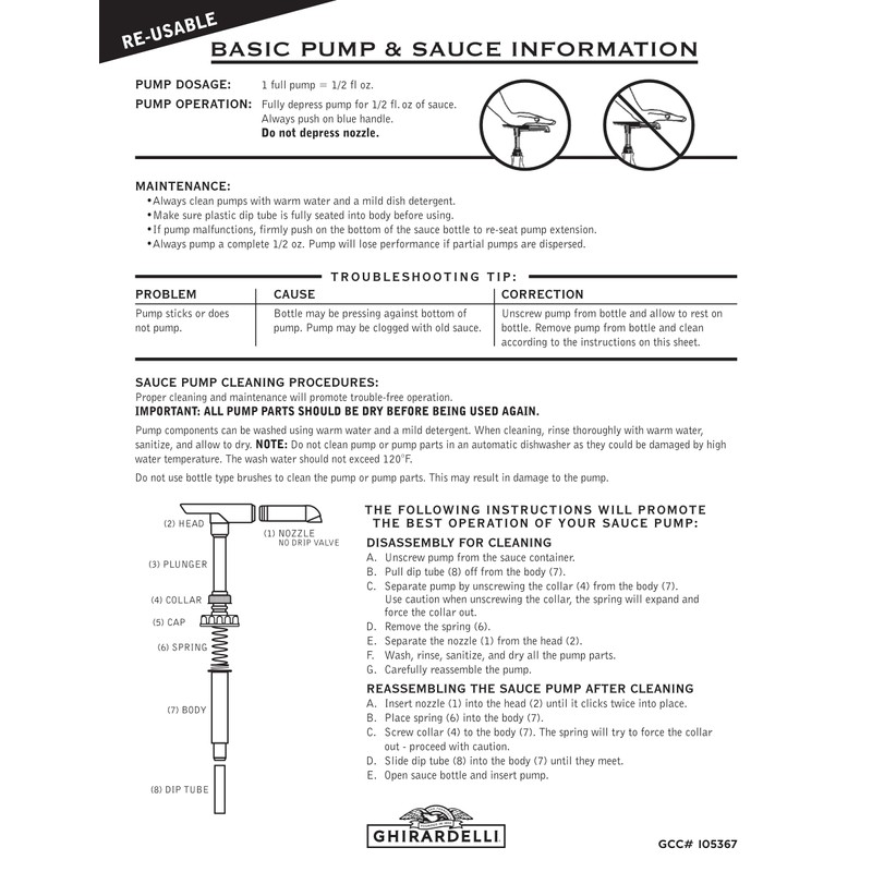 Ghirardelli Sauce Pump For 87.3 to 90.4 oz Bottles Dispenses,