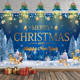 HILAVO 6x3.6ft Large Christmas Banner Backdrop, Blue Merry Christmas Banner Indoor New Year Photography Background Party Decoration for Xmas New Year Party Photo Booth Wall Hanging Decor