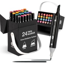 Moritz & Moritz Marker Set, 24 Pieces - Twinmarker Fibre-Tip Pens - Colourful Graffiti Pens for Sketching, Creating Layouts, Illustration, Drawing, Painting