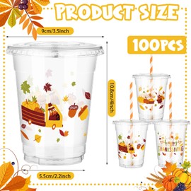 Sliner 100 Set 12 oz Fall Disposable Cups with Lids and Straws Thanksgiving Plastic Cups Disposable Wine Glasses Give Thanks Clear Plastic Tumblers for Ice Juice Beverage Wedding Party Decoration