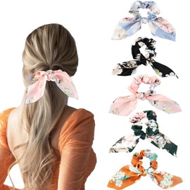 Jewemia Silk Satin Scrunchies for Women bow hair Scrunchies Rabbit Bunny Ear Hair ties Classic Floral Pattern Hair Bands Bowknot Hair Accessories for Women and Girls 5 pcs