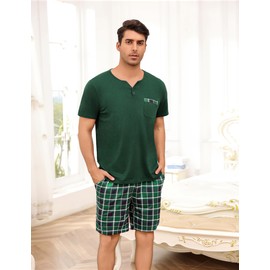 Bresdk Men's Short Cotton Pyjamas with 2 Buttons Checked Summer Men's Sleepwear S-3XL, Green Chequered