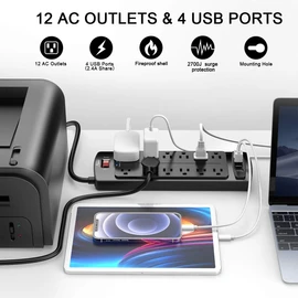 ALESTOR 6 Ft Surge Protector Power Strip with 12 Outlets and 4 USB Ports | 2700 Joules, 6 Feet Heavy Duty Extension Cord with Multiple Outlets for Home, Office, Dorm Room, ETL Listed, Black
