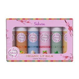 Sakura Organic Lip Balm Set, 100% Natural, 6 Flavours - Strawberry, Citrus, Vanilla, Mint Burst, Beeswax and Coconut