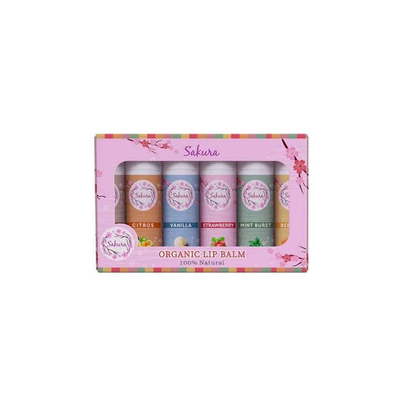 Sakura Organic Lip Balm Set, 100% Natural, 6 Flavours -