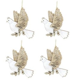 Gisela Graham Cream/Gold Wood Dove Hanging Decorations Set of Four