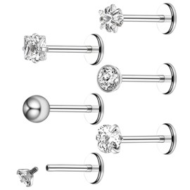 "6Pcs Silver Nose Stud,Stainless Steel Internally Threaded CZ Nose Studs Rhinestone Lip Rings,Stainless Steel Nose Stud Flat Back Stud Earrings for Men And Women(8mm)