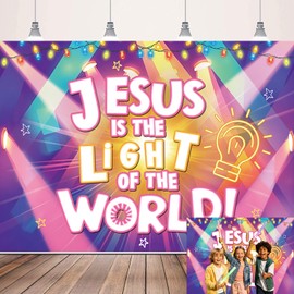 VBS 2026 Bible Lighting Backdrop Jesus is the Light of the World Vacation Bible School Photography Background Colorful Stage Lights for Church Camp Christian Party Decoration 7x5FT