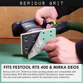 Serious Grit - 3" x 5" (80mm x 133mm) 14-Hole 120 Grit Sanding Sheets - Fits Festool RTS 400 & Mirka Deos 353 - Heavy-Duty Hook & Loop Film Abrasives - Sandpaper for Sheet Sanders - 50 Pack Box
