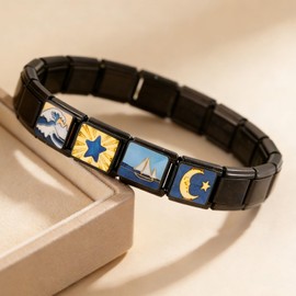 Double Fair Black Italian Style Charm Bracelet - 18-link, 7.2-inch Stainless Steel Bracelet, 9mm Wide, With 4 interChangeable Charms (Moon/Wave/Sailboat) and Opening/Closing tool, Suitable for Women