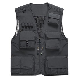 Flygo Men's Casual Lightweight Outdoor Fishing Work Safari Travel Photo Cargo Vest Jacket Multi Pockets(Large, Grey)