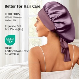 YFONG YFONG 100% 22 Momme Mulberry Silk Bonnet for Sleeping Women, Larger Double Layer Silk Hair Wrap for Curly Short Long Hair, Non-Slip Sleep Cap Turban with Elastic Tie Band for Hair Care, Purple