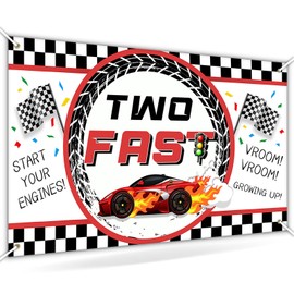 Avezano Two Fast Birthday Banner Red Race Car 2nd Birthday Party Decorations Background Two Fast Birthday Backdrop for Boys Children Second Birthday 70.8 x 43.3 Inch