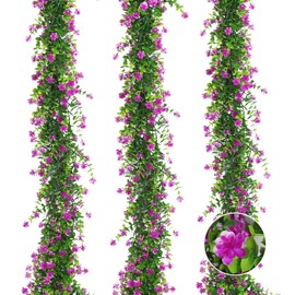 Hanging Garland Plants Artificial Flowers Fake Eucalyptus Greenery Garlands Leaf Garland with Flowers Hanging Faux Vine Plants for Spring Wedding Arch Backdrop Home Wall Party Decor 3 Pcs (Fuchsia)