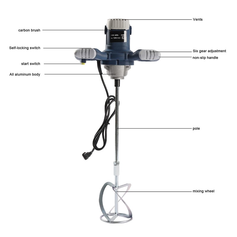 BIXIBIN Cement Mixer, 2400W Drywall Mortar Mixer with 6 Adjustable