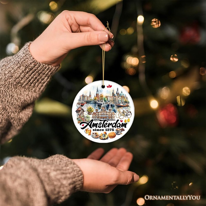 Artistic Amsterdam Landmarks and Heritage Christmas Ornament, Cultural Netherlands Gift