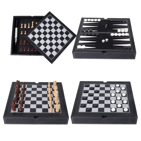 GSE 12.5" Premium Leather 3-in-1 Chess, Checker and Backgammon Board Game Combo Set, Classic Board Strategy Game for Kids & Adults