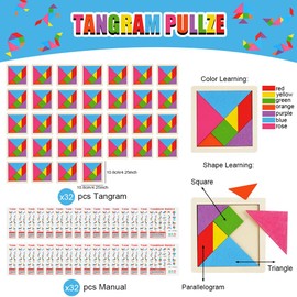 Ainiv 32PCS Tangram Puzzles for Kids, Wooden Puzzle for Kids, Building Blocks Puzzle Game, Montessori Educational Learning Toys for 3+ Girls Boys, Mastermind Tangram Game for Birthday, Christmas