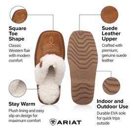 ARIAT Women's Jackie Square Toe Warm Soft Genuine Suede Leather Indoor Outdoor Slippers with Plush Collar, Chestnut, 7