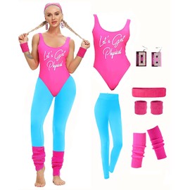 MIAIULIA Womens 80s Workout Costume Outfit 80s Accessories Set Leotard Neon Legging Earring Leg Warmers Headband Wristbands lets get physical Pink2 M