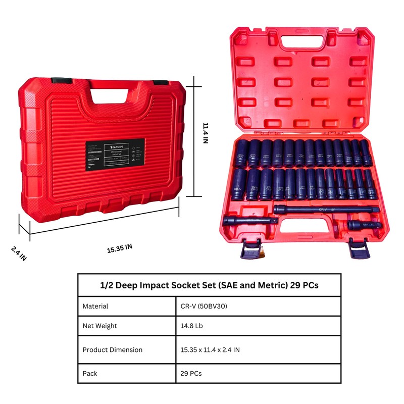 Noviitus 1/2" Drive Impact Socket Set,29-Pieces Metric (10-24mm) and SAE