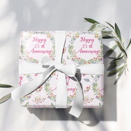 LeZakaa Anniversary Floral Wrapping Paper Roll, Happy 25th Anniversary, Pink Floral Wreath Gift Wrap for Wedding, Bridal Shower, Anniversary, Valentines Day, Party, Mini Roll, 17 inches x 16.4 Feet