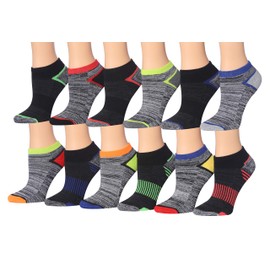 Tipi Toe Kids Boys 12-Pairs Low Cut Athletic Sport Peformance Black Neon Stripe Grey Space Dye Accents Socks Socks Boys, Large, BC01-L-T1